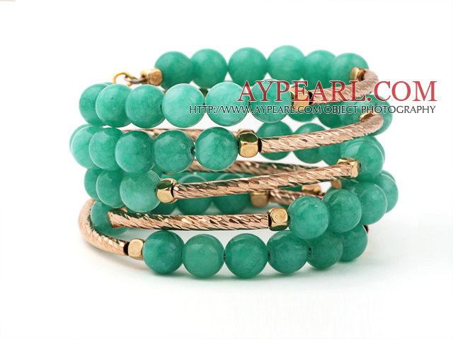 Fashion Multilayer Round Green Jade And Golden Tube Charm Beaded Bangle Bracelet