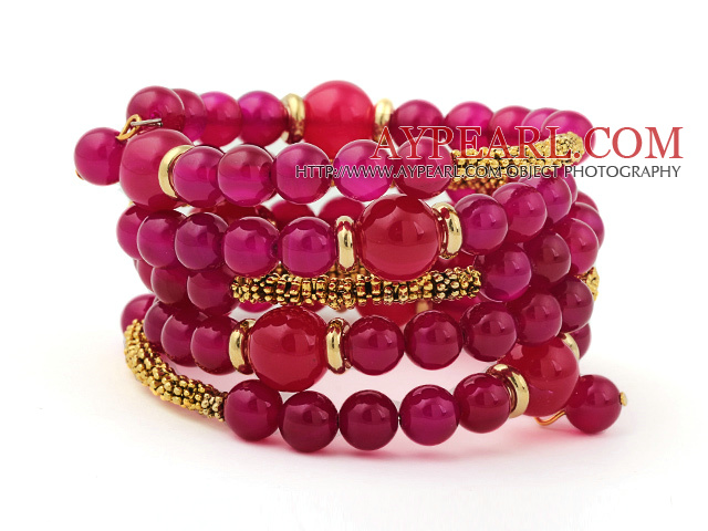 Classic Multilayer Round Rose Agate And Golden Tube Charm Beaded Bangle Bracelet