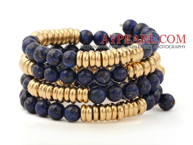 Fashion Multilayer 8mm Round Lapis Stone Og Golden Abacus Perler Charm Beaded Bracelet