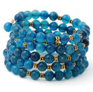 Mode Flerskikts 8mm Runda Blå Agate och Golden Charm Beaded Bangle Armband