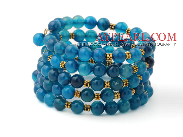 Mode Flerskikts 8mm Runda Blå Agate och Golden Charm Beaded Bangle Armband