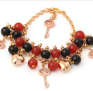 Classic A Grade Round Black Red Agate Golden Chain Bracelet With Golden Heart And Kay Accessories