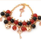 Wholesale Classic A Grade Round Black Red Agate Golden Chain Bracelet With Golden Heart And Kay Accessories