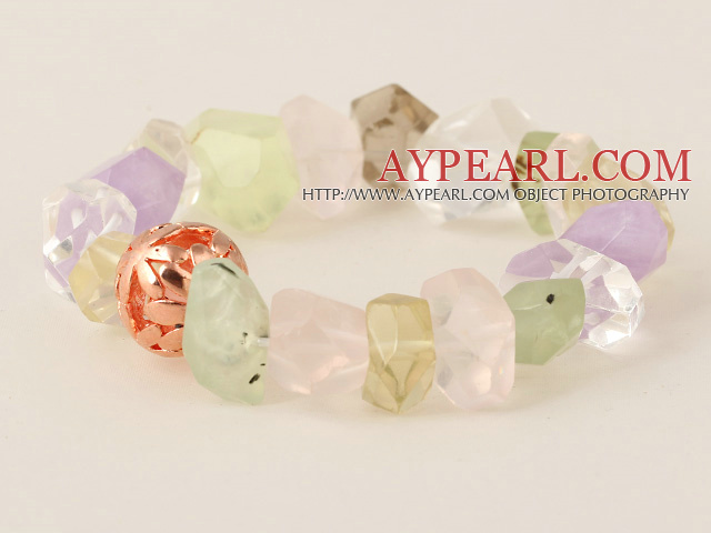 Belle Cristal Blanc Angle d'incidence Prehnite améthyste et Rose Quatz Bracelet jonc Avec Ballon d'Or