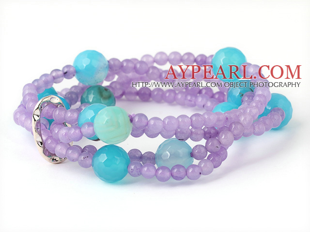 Pretty Multilayer Round Purple Jade And Blue Series Agate Beaded Stretch Bracelet