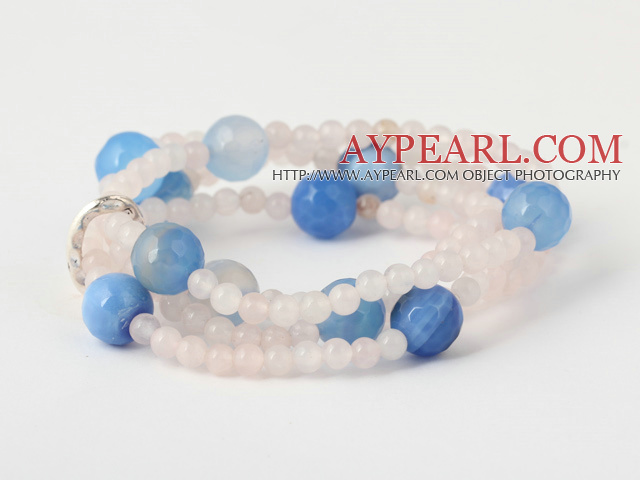 Charming Multilayer Round Pink Jade And Faceted Blue Agate Beaded Stretch Bracelet