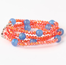 Fashion Multilayer Round Blå Agate og menneskeskapte Orange Red Beaded Stretch armbånd