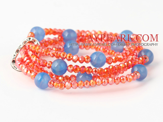 Mode Multilayer runda blå agat och Konstgjort Orange Röd Beaded Stretch Bracelet
