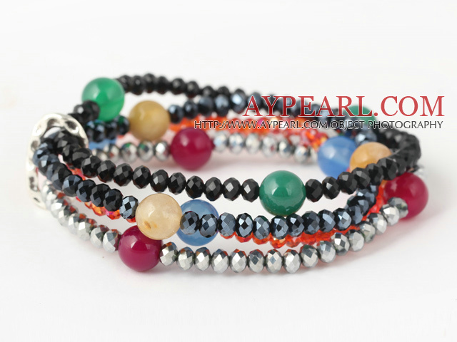 Fashion Multilayer Round Colorful Agate And Manmade Crystal Beads Stretch Bracelet