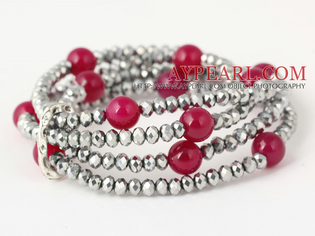 Nice Multilayer Round Rose Agate And Manmade Gray Crystal Beads Stretch Bracelet