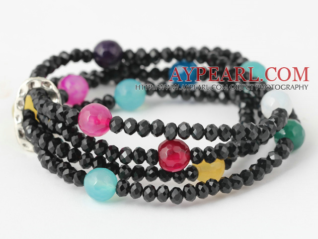 Fashion Multilayer Round Colorful Jade And Manmade Black Crystal Beaded Stretch Bracelet