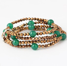Nice Multilayer Round Green Agate And Manmade Golden Crystal Beaded Stretch Bracelet