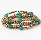 Wholesale Nice Multilayer Round Green Agate And Manmade Golden Crystal Beaded Stretch Bracelet