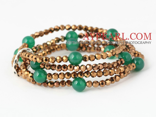 Nice Multilayer Round Green Agate And Manmade Golden Crystal Beaded Stretch Bracelet