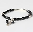 Fashion Fasettert Round Sort Agate Og Tibet Silver Tube Hjerte Leaf Charm perler armbånd