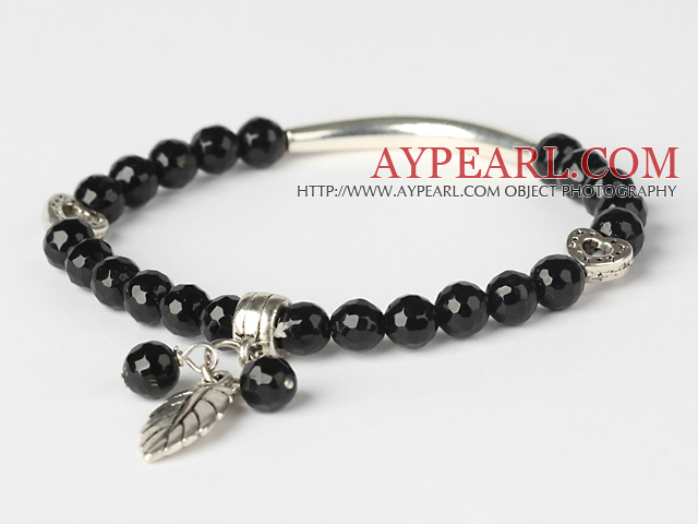 Fashion facetterad rund svart agat och Tibet Silver Tube Heart Leaf Charm Pärlor Armband