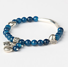 Fashion Faceted Round Blue Agate And Tibet Silver Tube Heart Charm Beads Bracelet