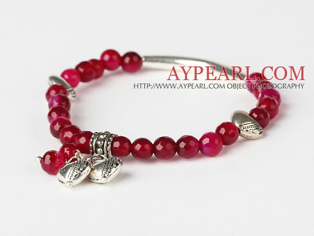 Fashion Faceted Round Rose Agate And Tibet Silver Tube Heart Charm Beads Bracelet