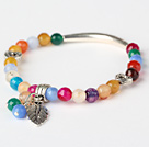 Enkel stil fasettert Round Multi Fargerike Agate Og Tibet Silver Tube Hjerte Leaf Charm perler armbånd