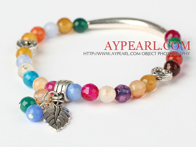 Yksinkertainen tyyli kasvot pyöreät Multi Värikäs Akaatti ja Tiibetin hopea Tube Heart Leaf Charm helmiä rannerengas