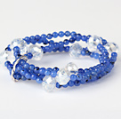 Fashion Multilayer Round Blue Jade And Manmade White Crystal Beaded Stretch Bracelet