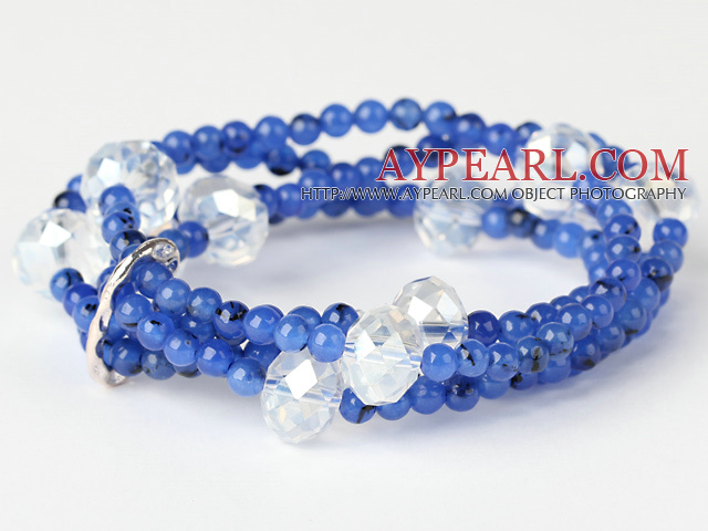 Mode multicouche ronde jade bleu et synthétiques Blanc perlé en cristal Bracelet extensible