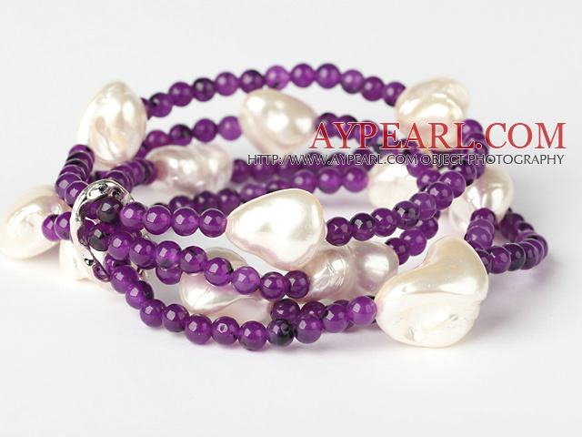 Elegant Multilayer Round Purple Jade And Irregular Seashell Beads Stretch Bracelet