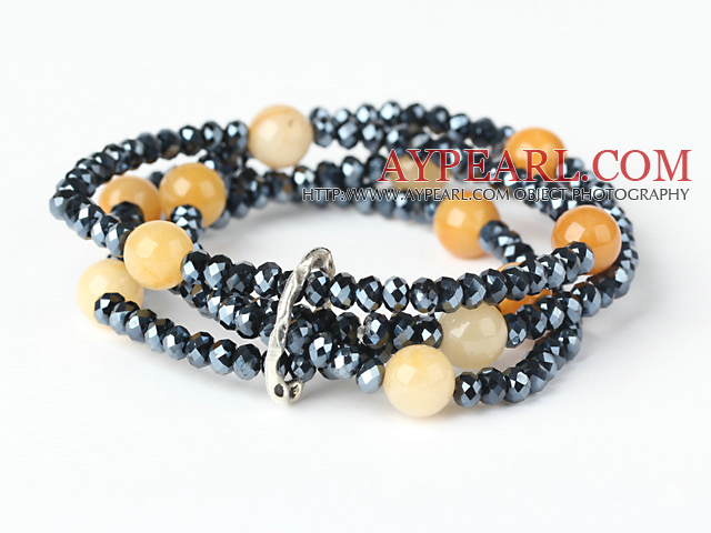 Fashion Multilayer Round Faceted Topaz And Manmade Black Crystal Beaded Stretch Bracelet
