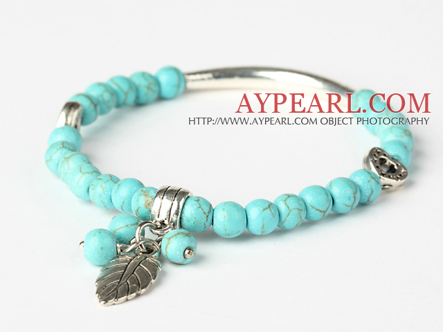 Mode Vert Turquoise Et Argent Tibet Tube Coeur bracelet de perles de charme de feuille