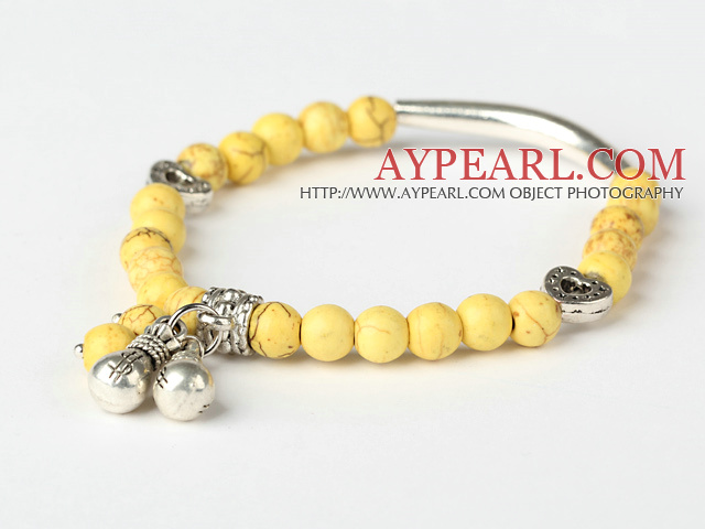 Nice Round Yellow Turquoise And Tibet Silver Tube Heart Charm Beads Bracelet