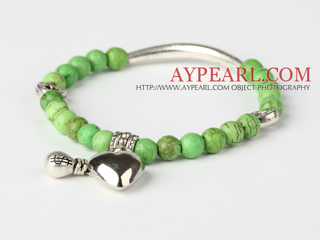 Nice Round Apple Green Turquoise And Tibet Silver Tube Heart Charm Beads Bracelet