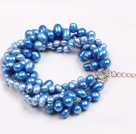 Fashion Multi Strand Natural Blue sötvattenspärla Twisted armband