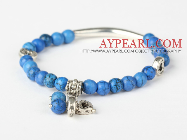 Nice Round Blue Turquoise And Tibet Silver Tube Heart Charm Beads Bracelet