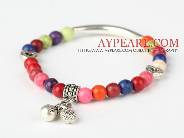 Beautiful Round Multi Colorful Turquoise And Tibet Silver Tube Heart Charm Beads Bracelet