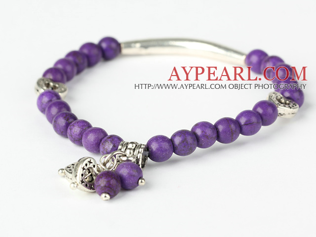 Nice Round Purple turkis og Tibet Silver Tube hjerte sjarm perler armbånd