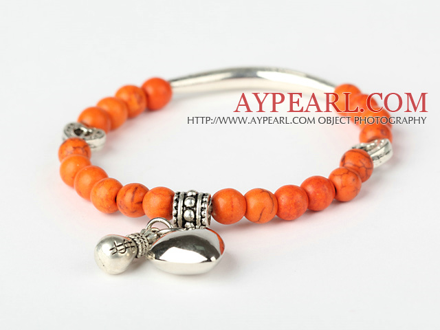 Ronde orange Turquoise Et Argent Tibet Tube Coeur bracelet de perles de charme