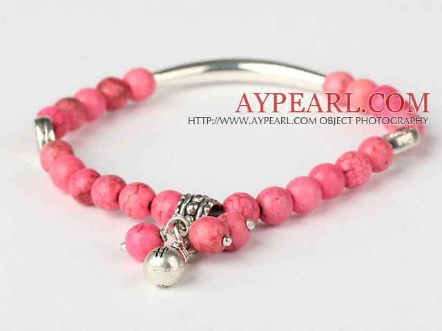 Nice Round Pink Turquoise And Tibet Silver Tube Heart Charm Beads Bracelet