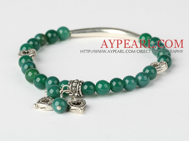 Fashion Round Green Agate And Tibet Silver Tube Heart Charm Beaded Bracelet
