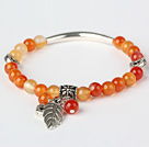 Fashion Round Red Agate Og Tibet Silver Tube Hjerte Leaf Charm Beaded armbånd