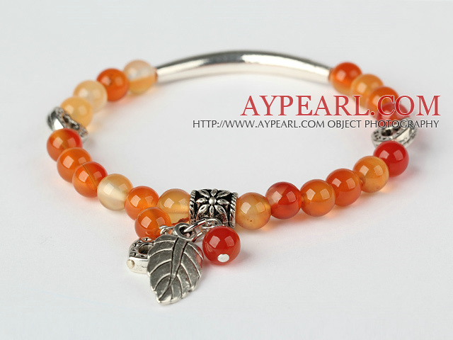 Fashion Round Red Agate And Tibet Silver Tube Heart Leaf Charm Beaded Bracelet