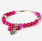 Belle ronde Rose Agate Et Tibet Argent Tube Coeur perlé Bracelet à breloques feuille