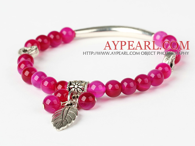Trevlig runda rosa agat och Tibet Silver Tube Heart Leaf Charm Beaded Bracelet