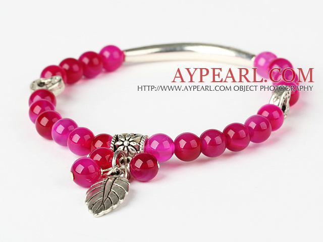 Nice Round Rose Agate Og Tibet Silver Tube Hjerte Leaf Charm Beaded armbånd