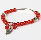 Belle agate rouge Round And Tibet Argent Tube Coeur perlé Bracelet à breloques feuille