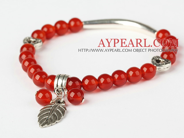 Beautiful Round Red Agate And Tibet Silver Tube Heart Leaf Charm Beaded Bracelet