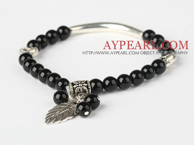 Fashion Round Black Agate And Tibet Silver Tube Heart Leaf Charm Beaded Bracelet