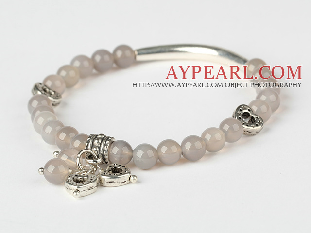 Simple Style ronde agate grise Et le Tibet Argent Tube Coeur perlé Bracelet à breloques