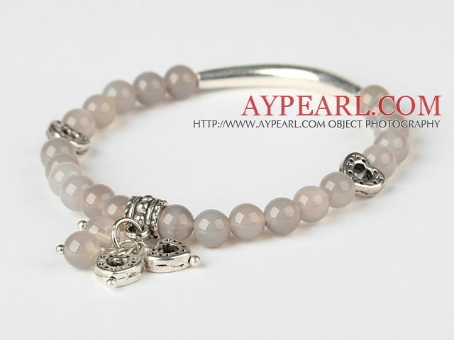 Enkel stil Round Gray Agate Og Tibet Silver Tube hjerte sjarm Beaded armbånd