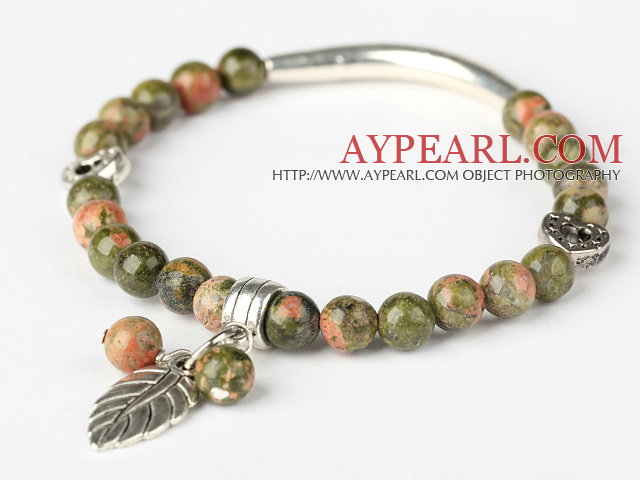 Fashion Round Green Piebald Stone and Tibet Silver Tube Heart Leaf Charm Beaded Bracelet