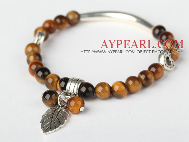 Nice Round Tiger Eye and Tibet Silver Tube Heart Leaf Charm Beaded Bracelet
